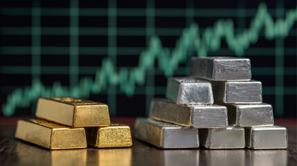 Gold and silver bars against a positive green chart rising upwards