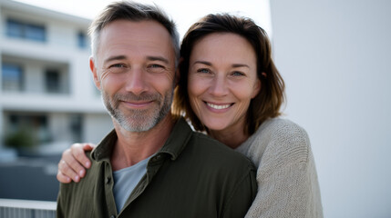 Ultra realistic bright outdoor lifestyle photo of a happy older middle-aged couple standing in front of their new modern house, smiling at the camera like proud homeowners. People: