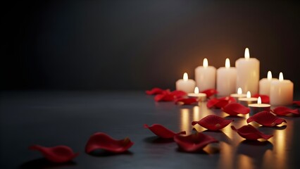 Romantic ambiance with lit candles and scattered red rose petals on a dark background for valentine's day or a wedding