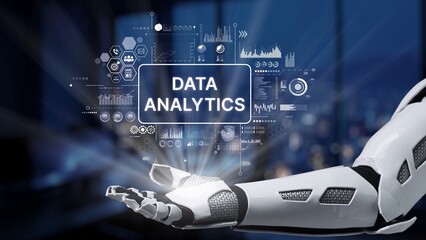A sleek robotic hand showcases the concept of data analytics, highlighting digital graphs and charts, representing the intersection of technology and business strategies. Synapse