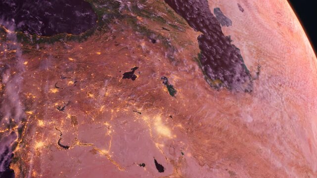 Caucasus from Space. Sunrise. Georgia, Azerbaijan, Armenia, Dagestan, Ossetia, Chechnya, Abkhazia. Space Orbit. 4k, 29.97 fps.
