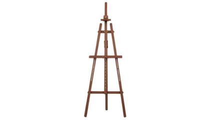 Brown wooden artist easel for painting stands upright, cut out, stock png, isolated on transparent background