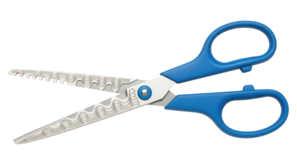 Blue handled craft scissors with decorative zigzag blades open, cut out, stock png, isolated on transparent background