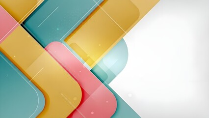 Abstract Geometric Background with Diagonal Overlapping Rounded Rectangles in Vibrant Shades of Teal Yellow and Coral Pink Featuring Dynamic Lines and Subtle Glow Effects for Modern Digital Designs