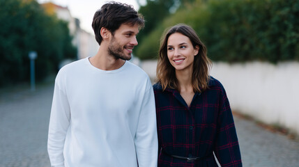 Fototapeta premium a young affectionate couple walking hand in hand along a quiet city street, looking at each other with love and connection. 