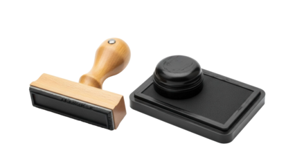 Classic wooden rubber stamp and black ink pad, cut out, stock png, isolated on transparent background