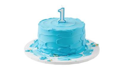 Blue frosted birthday cake with one candle, cut out, stock png, isolated on transparent background