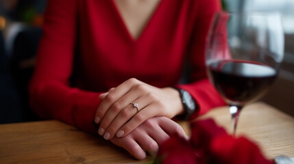 romantic close-up banner photo of a couple holding hands at a Valentineâs Day dinner table, highlighting an engagement ring on the womanâs finger. Scene: intimate restaurant or hom