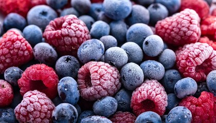 Mix Of Frozen Berries Blueberries And Raspberries Closeup Photo From Above Natural Organic Vegan Raw Food Ingredient