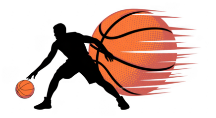 Basketball player silhouette with dynamic orange ball isolated on a transparent background