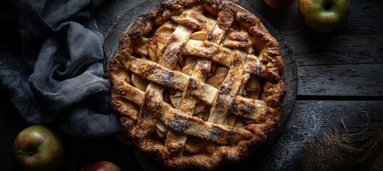 Rustic Lattice Apple Pie on Weathered Wood Table in Moody Fall Setting
