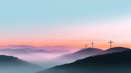 Fototapeta premium Three Crosses on Hills at Dusk with Soft Pastel Sky