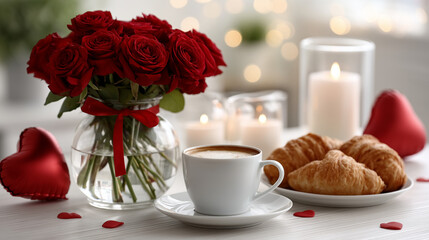 Fototapeta premium romantic Valentine's Day breakfast still life on a white table a glass vase filled with red roses tied with a red ribbon, red heart-shaped foil balloons floating