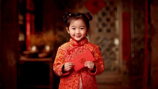 Chinese lunar new year holiday celebration. Spring festival tradition. Chunjie. Asia. A young girl in a traditional red cheongsam holds a red envelope with a floral pattern.