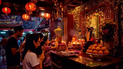 Chinese lunar new year holiday celebration. Spring festival tradition. Chunjie. Asia. A vivid portrayal of a bustling street scene at night, with a focus on a temples interior.