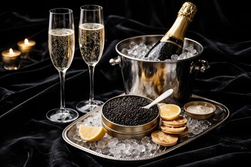 Exquisite champagne experience with caviar and lemon garnishes thoughtfully presented on a silver tray showcasing luxury indulgence against a rich black velvet backdrop