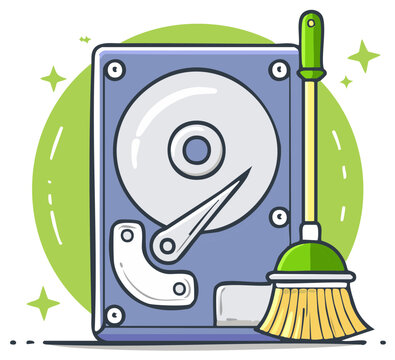 Cartoon hard drive and broom symbolizing data disk cleanup and system optimization concept