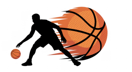 Basketball player silhouette with orange ball isolated on a transparent background