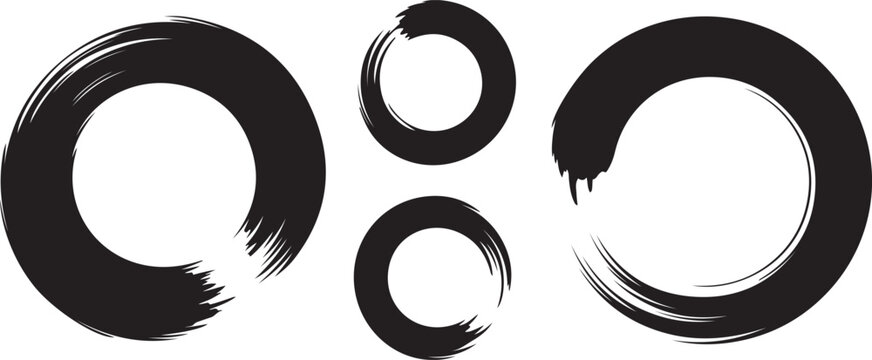 Abstract black paint brushstroke circles pack. Enso zen ink brush style symbol set. one line Art icon drawing vector