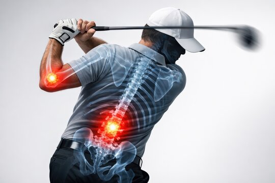 Golfer Swing With Spine Pain Concept