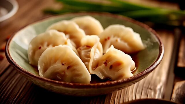Chinese lunar new year holiday celebration. Spring festival tradition. Chunjie. Asia. A closeup shot of a bowl of dumplings on a wooden table, with a focus on the dumplings texture and color.