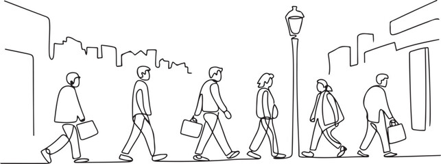 Continuous one line drawing of urban residents walking on city street. one line Art icon drawing vector © mst