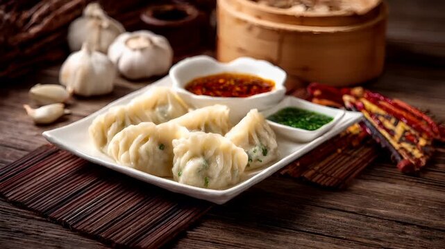 Chinese lunar new year holiday celebration. Spring festival tradition. Chunjie. Asia. A closeup shot of a plate of dumplings with a side of dipping sauces. The main subject is the dumpling itself.
