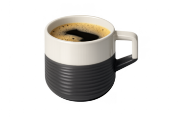 Coffee mug with hot beverage and foam, transparent background