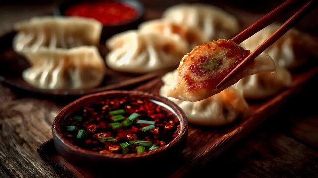 Chinese lunar new year holiday celebration. Spring festival tradition. Chunjie. Asia. A closeup shot of a dumpling being held by chopsticks. The dumplings are golden brown with a crispy exterior.
