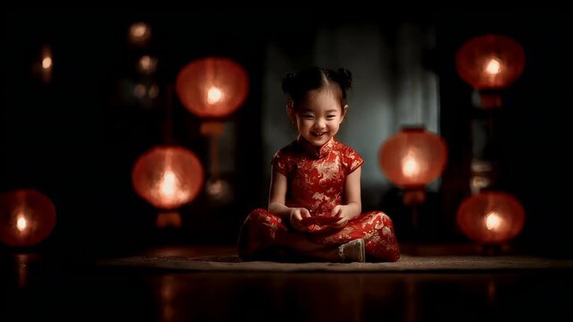 Chinese lunar new year holiday celebration. Spring festival tradition. Chunjie. Asia. A young girl in a traditional red cheongsam sits on the floor, engrossed in playing with a red object.
