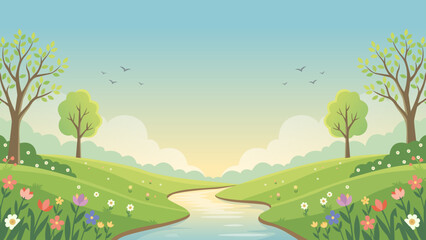 Obraz premium Spring Nature Landscape with Green Hills, Flowers and River Flat Vector Illustration