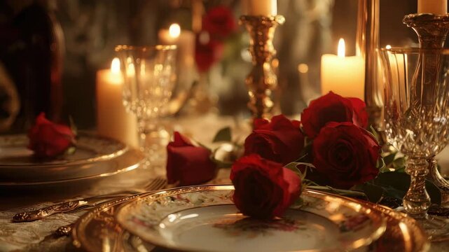 Romantic dinner table setting with red roses and glowing candles. Elegant fine dining for a special occasion like Valentine's Day or an anniversary
