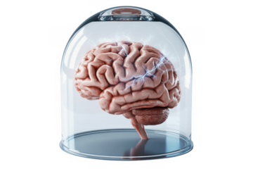 Brain under a glass dome with lightning isolated isolated on a transparent background