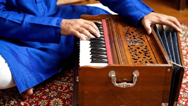 Traditional Musician Playing Harmonium Outdoors