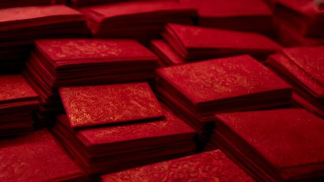 Chinese lunar new year holiday celebration. Spring festival tradition. Chunjie. Asia. A closeup of a persons hand holding a red envelope amidst stacks of red envelopes.