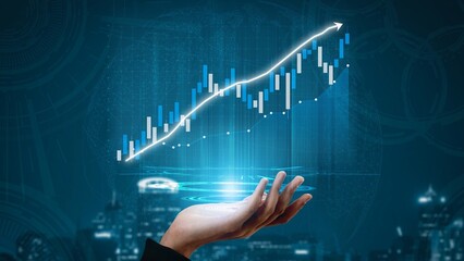 A digital hand appears to hold a glowing financial growth chart illustrating a rising trend line against a modern cityscape background, symbolizing success and analytics. Copula