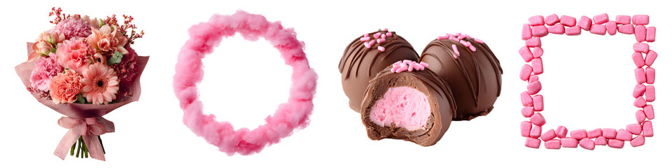 Pink Valentine's Day Gifts and Decorations with Chocolates and Flowers isolated on transparent background