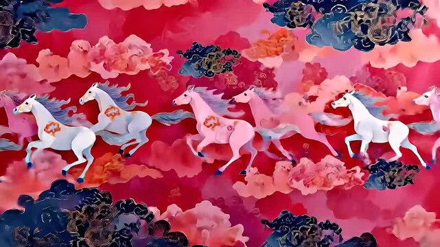 Chinese lunar new year holiday celebration. Spring festival tradition. Chunjie. Asia. A vivid and colorful painting of a group of white horses galloping amidst a backdrop of red and pink hues.
