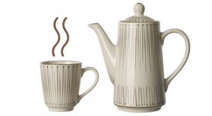White teapot and cup with brown stripes isolated on a transparent background