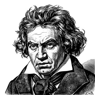 Beethoven portrait in woodcut style in black and white