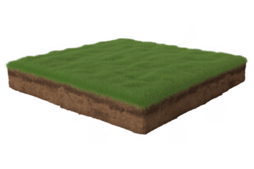 Green grass and brown soil block isolated on a transparent background
