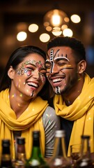 Fototapeta premium Couple celebrating with colorful face paint and confetti at party Cheering for the Brazilian national team.