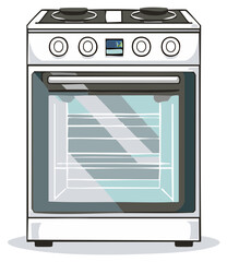 Obraz premium Modern white electric stove with an oven and cooktop, a vector art illustration of a home kitchen appliance