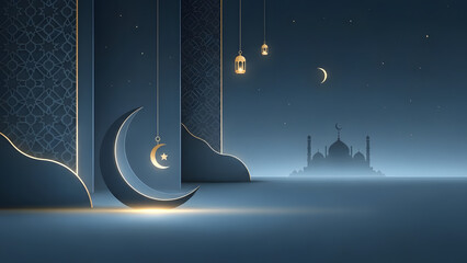 Serene Islamic Crescent Moon with Traditional Mosque Silhouette Under Night Sky with Hanging Lanterns