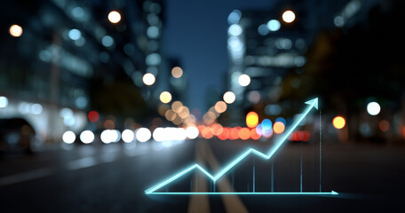 Glowing upward trending graph overlay on blurred city street at night with bokeh lights and modern buildings in background