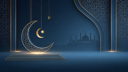 Elegant Islamic Ramadan crescent moon and mosque silhouette design on a deep blue background