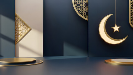 Elegant and festive studio background featuring golden crescent moon, star, and geometric motifs on a dark blue wall, ideal for cultural celebrations and product presentations