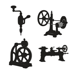 Vintage machine silhouettes on white background machines industrial tools equipment