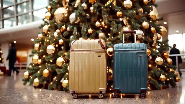 A holiday scene featuring three suitcases in front of a decorated Christmas tree. The suitcases are of varying sizes and colors, with one in gold and the other in teal.
