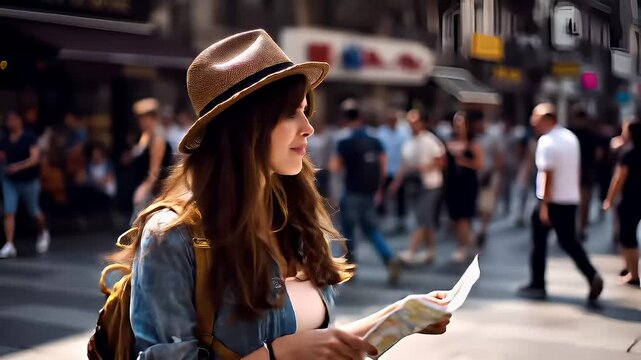 A woman with a straw hat and backpack is engrossed in reading a map on a city street.